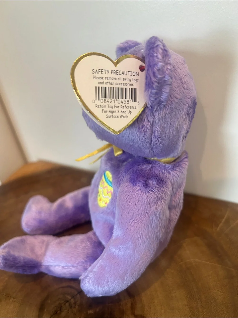 Ty Purple Beanie Baby Plush Bear with Gold Bow and Embroidered Egg